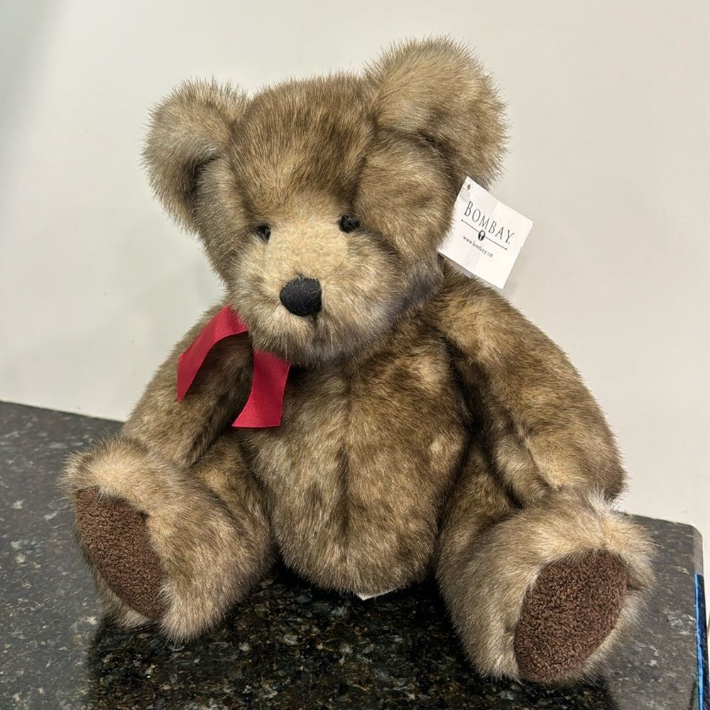 Bombay Russ Brown Fur Teddy Bear 14” Plush Danny Maroon Ribbon. NWT